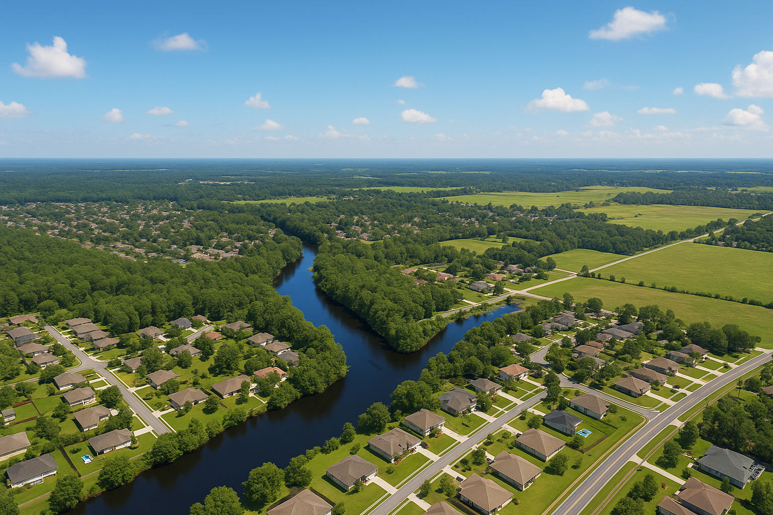 An aerial view of a city with a river running through it