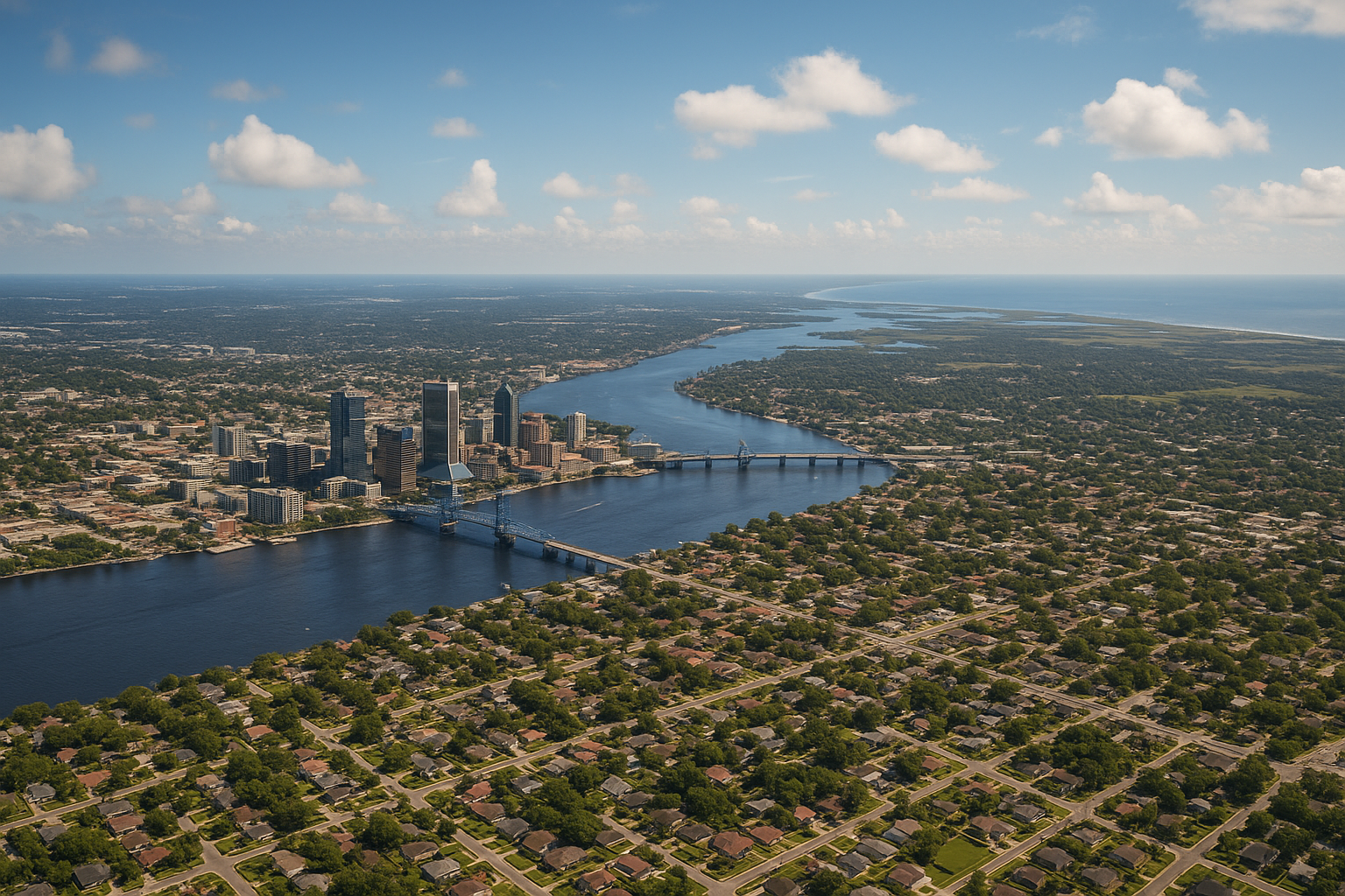 An aerial view of a city with a river running through it