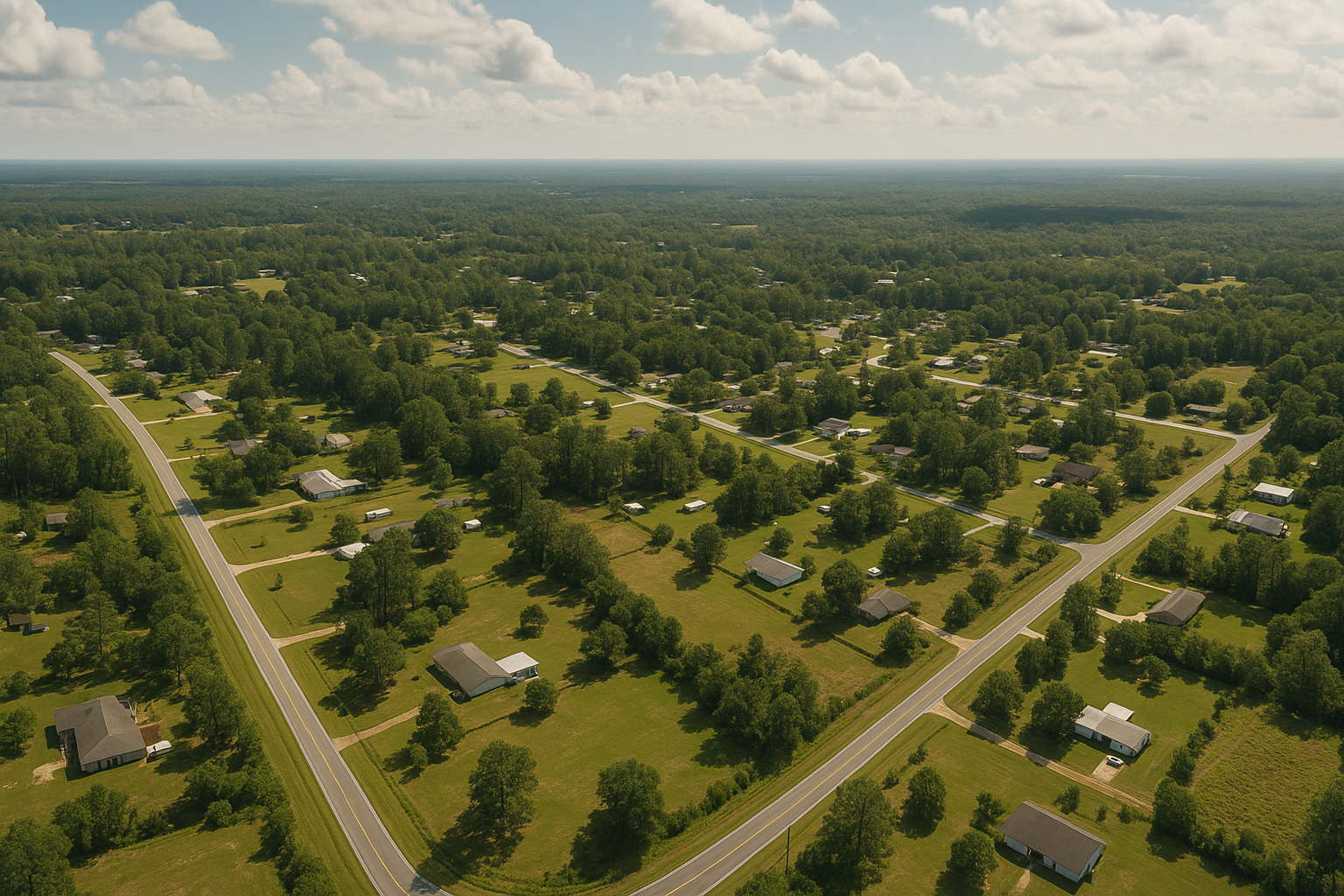 An aerial view of a residential area with a river running through it