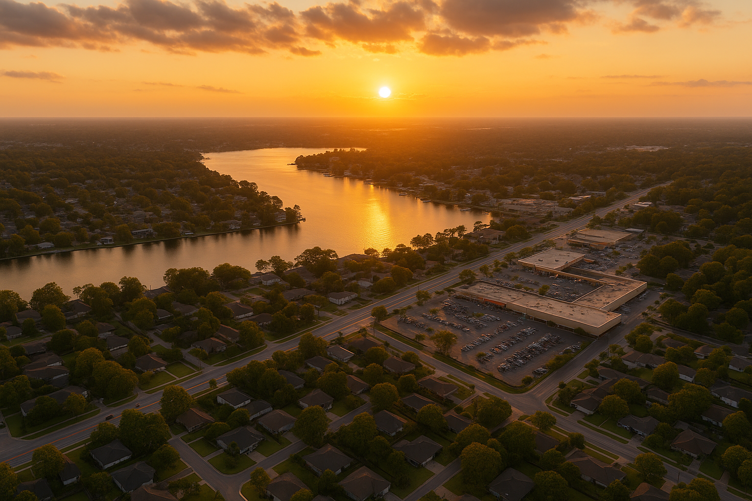 An aerial view of a residential area with a river running through it