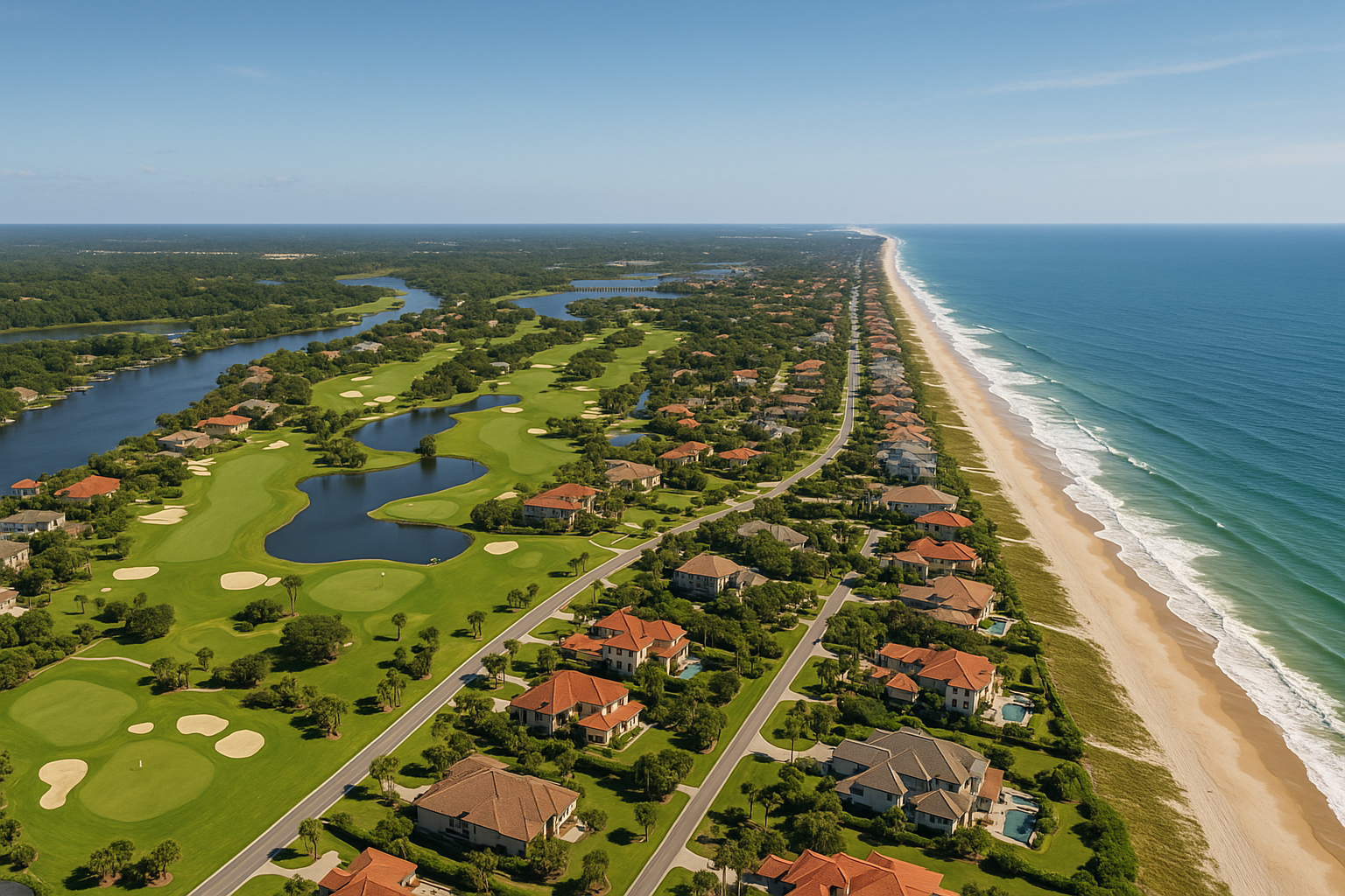 An aerial view of a residential area with a river running through it