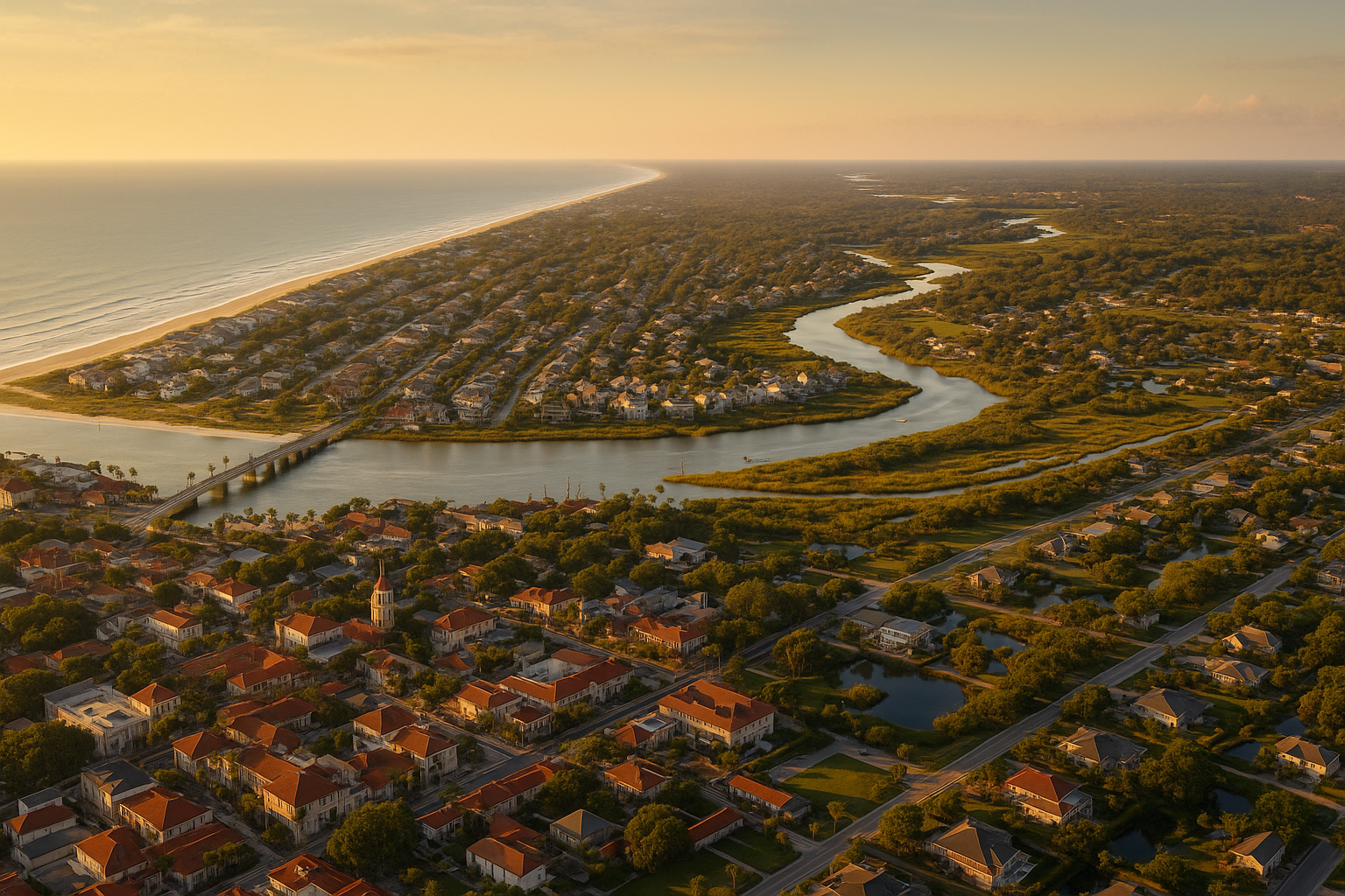 An aerial view of a city with a river running through it