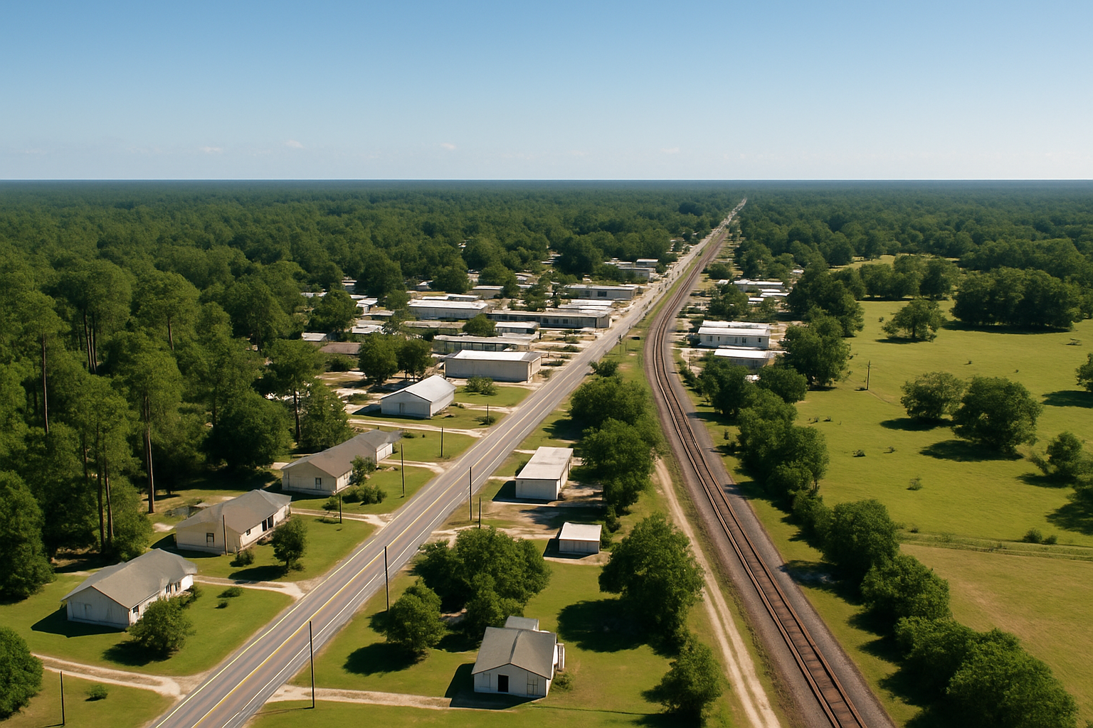 An aerial view of a residential area with a river running through it