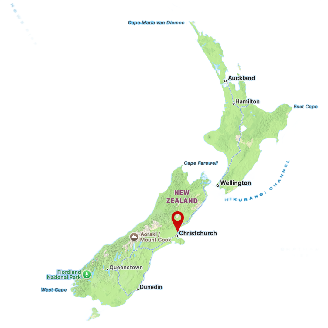 Map of New Zealand with location pin at Rangiora