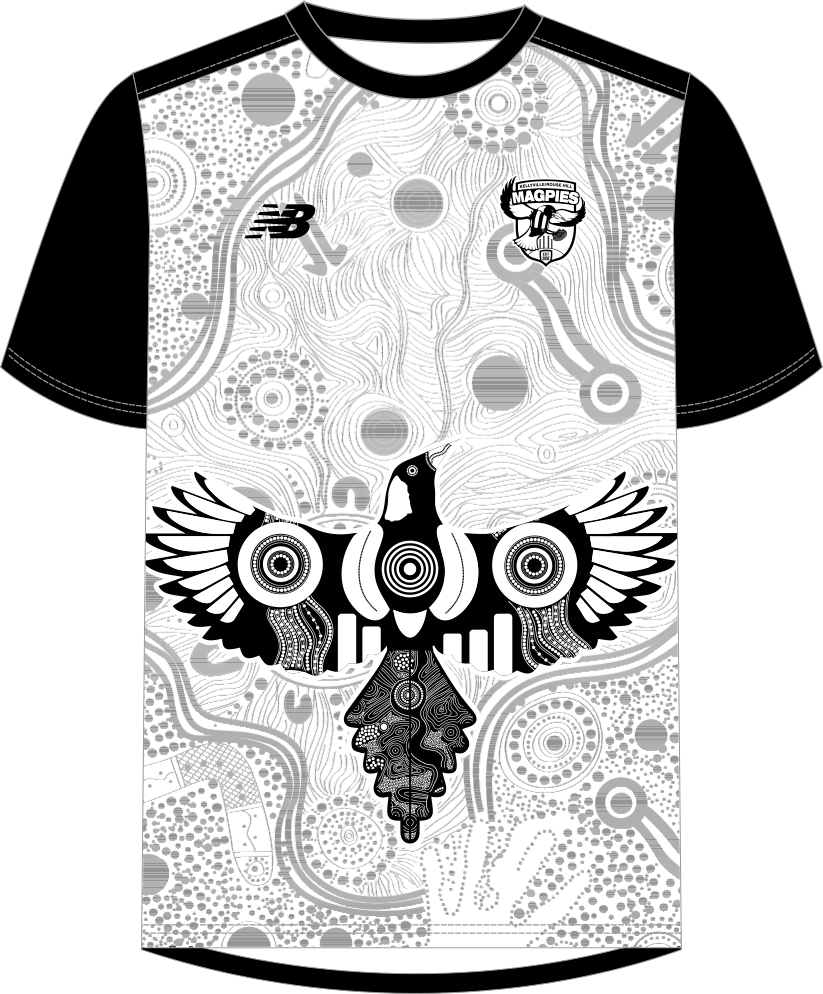 Black and white jersey with an Aboriginal artwork featuring a bird.