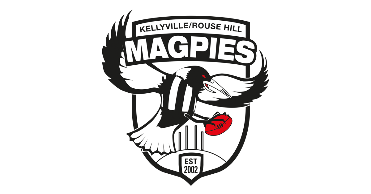 Kellyville/Rouse Hill Magpies logo: a black and white magpie with a red football in its beak.