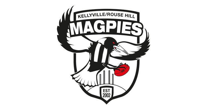 Kellyville/Rouse Hill Magpies logo: a black and white magpie with a red football in its beak.