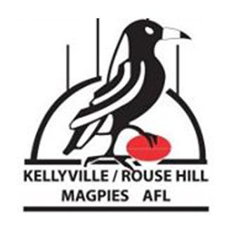 Logo of the Kellyville/Rouse Hill Magpies AFL: a black and white magpie with a red oval ball.