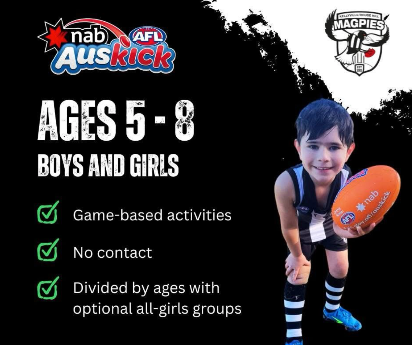 Promotional graphic for NAB Auskick program for ages 5-8. Includes a boy holding a football, black and white color scheme.