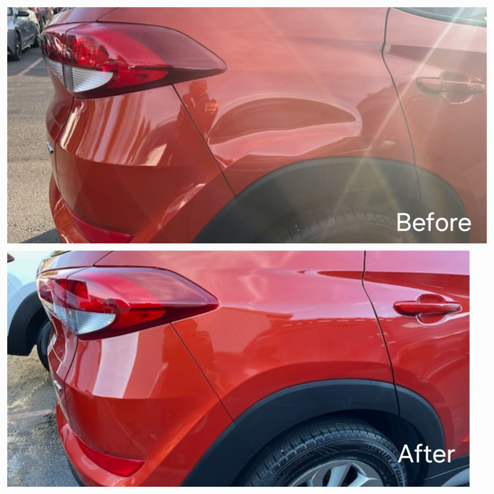 Before and after images of an orange car rear panel, showing a successful dent repair.
