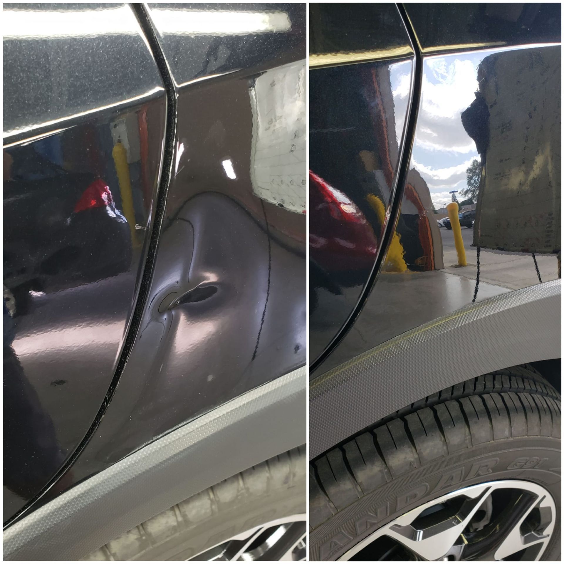 Before-and-after photos of a car's rear panel showing a deep dent removed to restore the smooth black finish.