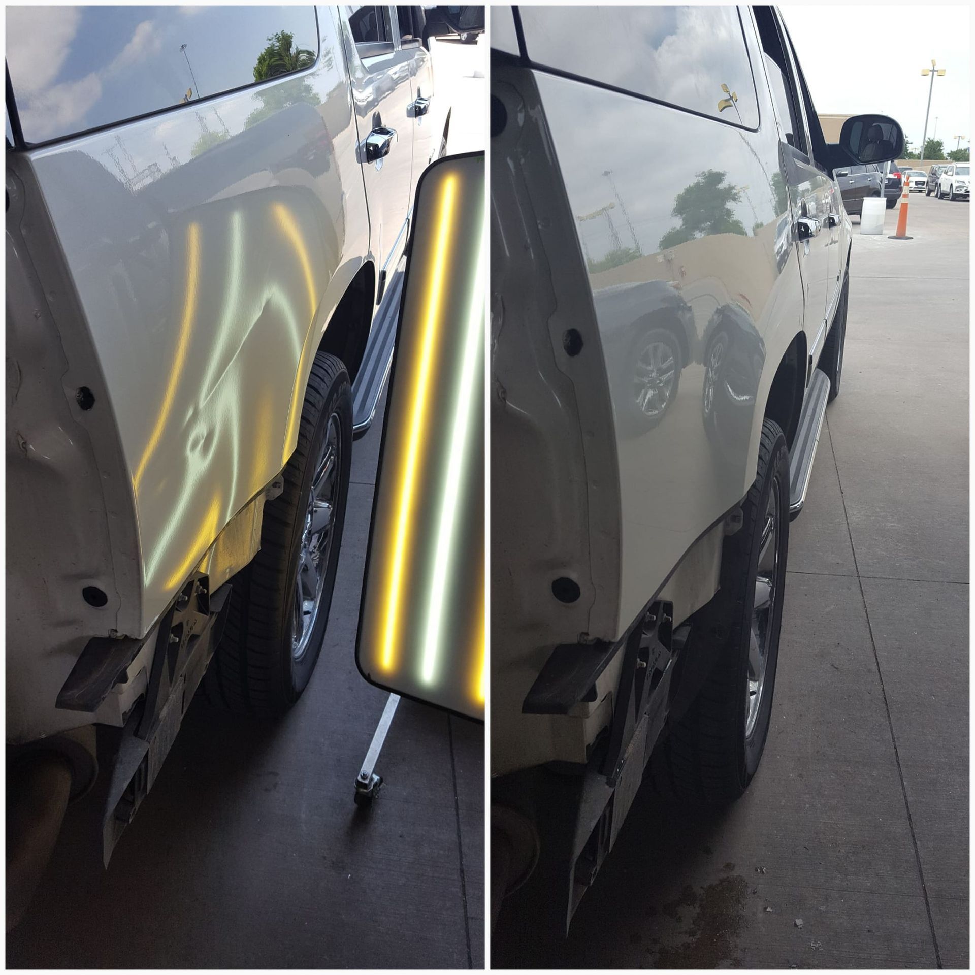 A split-screen comparison showing a dented vehicle panel before and after paintless dent repair.