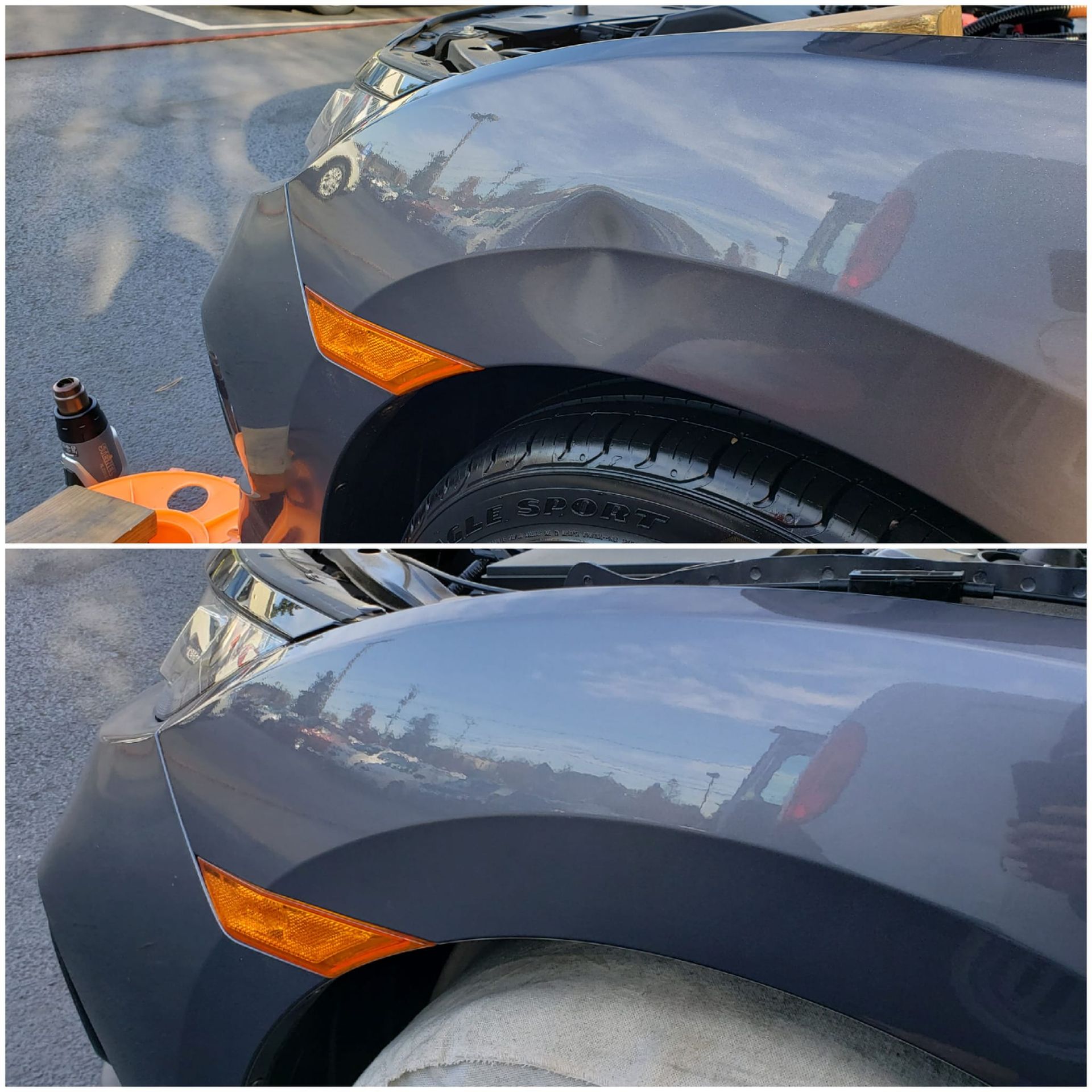 Before-and-after photos of a grey car fender showing a dent successfully removed through paintless dent repair.