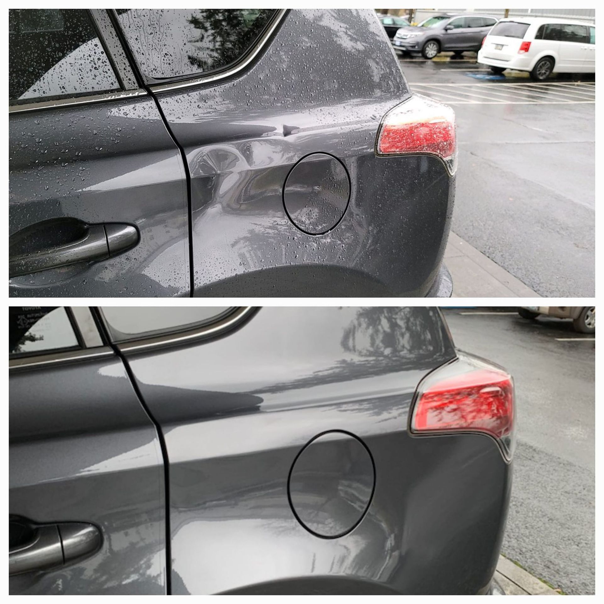 A before-and-after comparison showing a dented grey car panel near the fuel door being repaired.