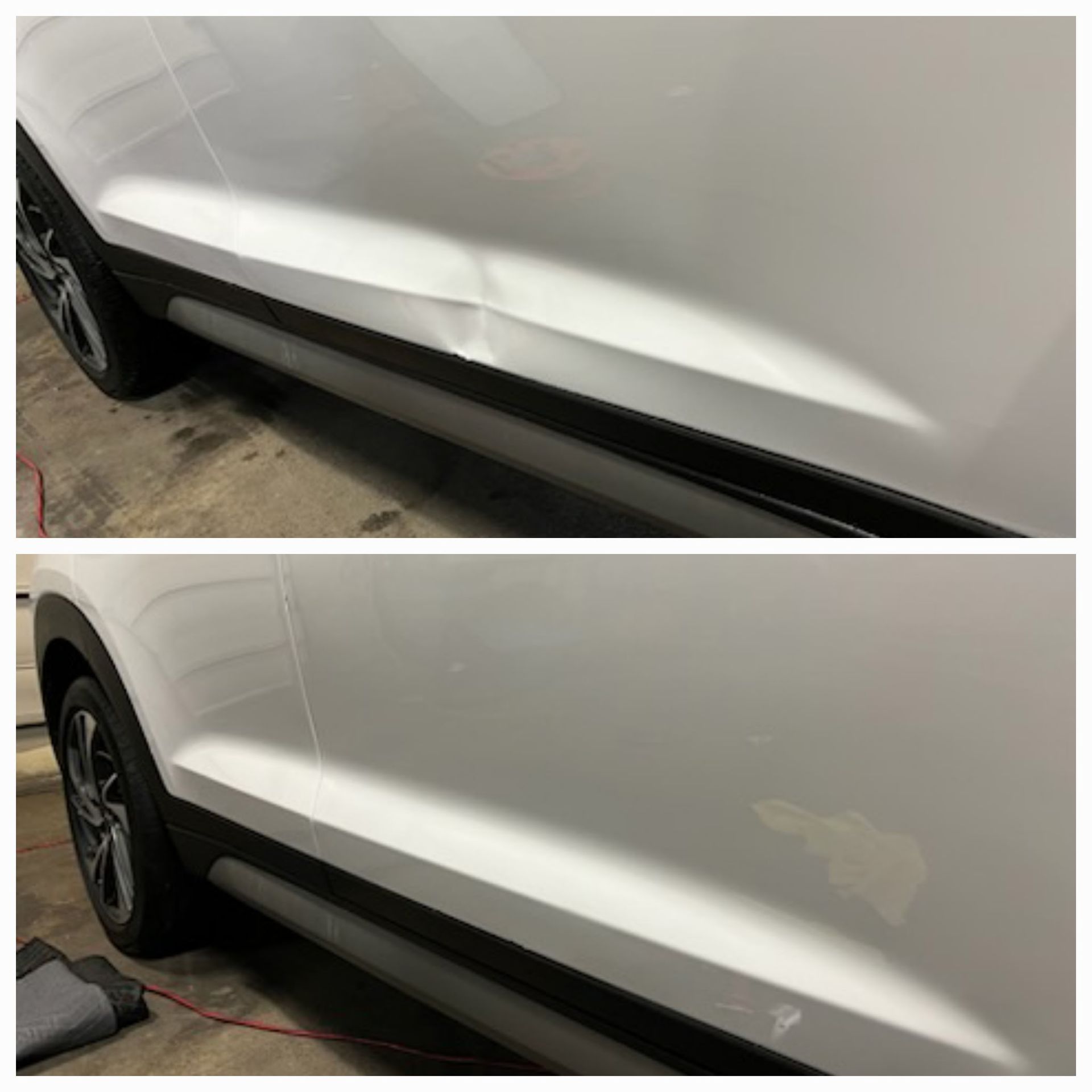 A before-and-after comparison of a white car door showing a sharp dent being repaired and sanded down.