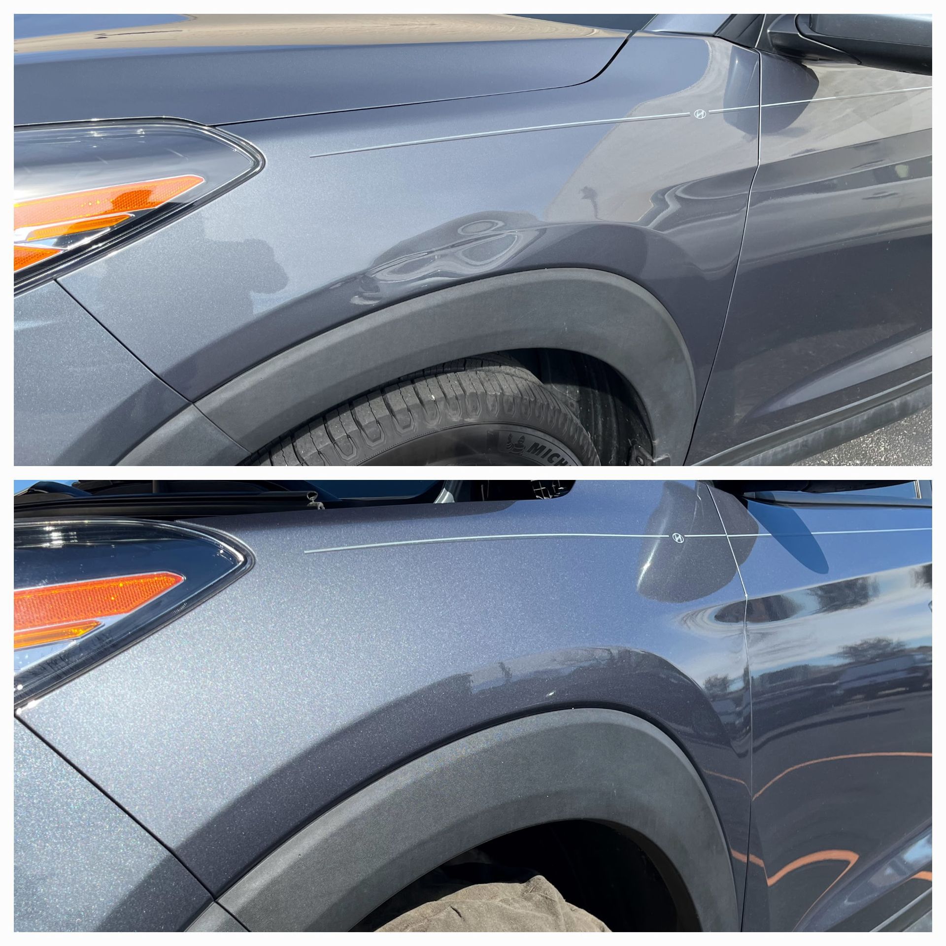 Before-and-after photos of a grey car fender showing the successful removal of a visible dent.