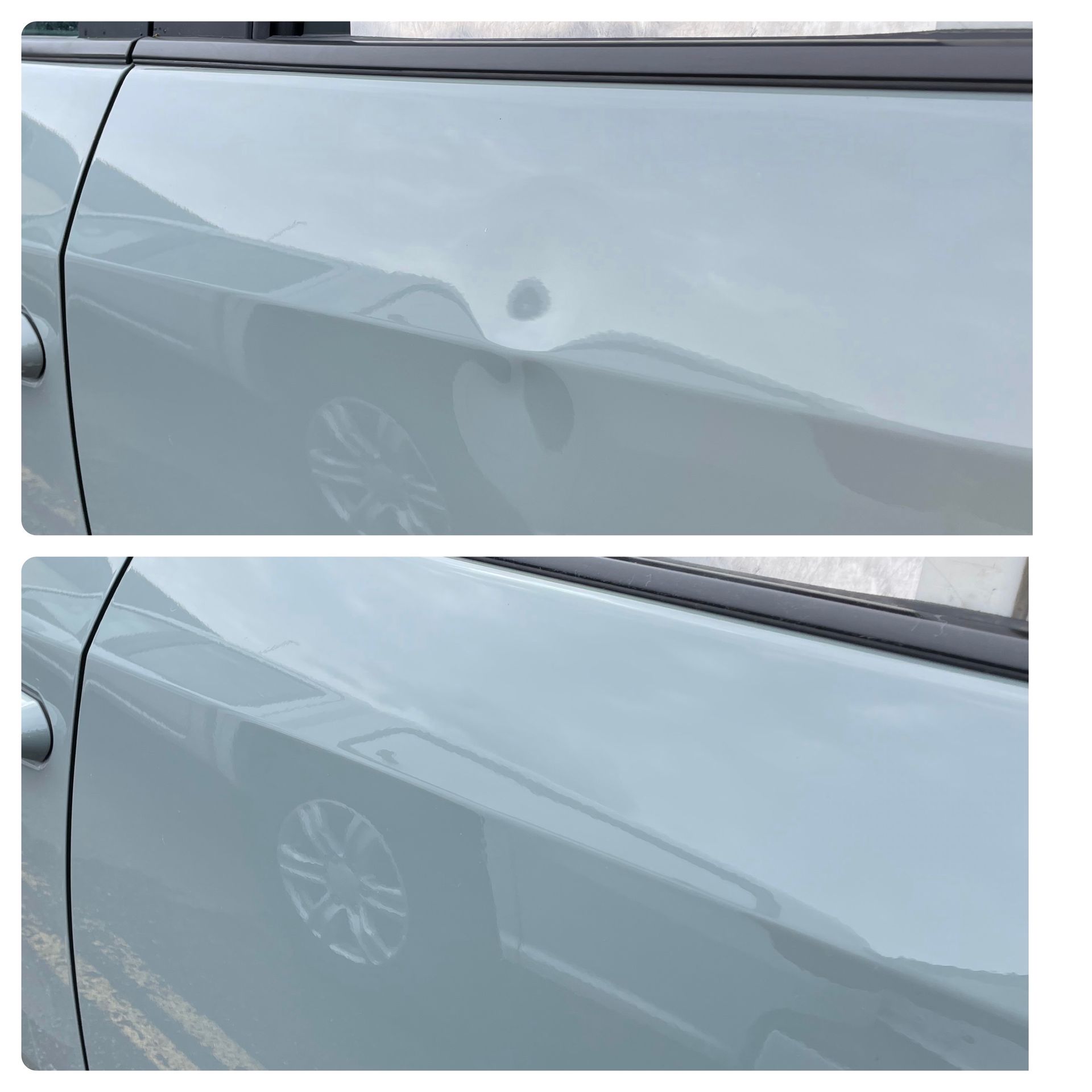 Before and after photos of a light blue car door, showing the successful repair of a small, sharp dent on a body line.