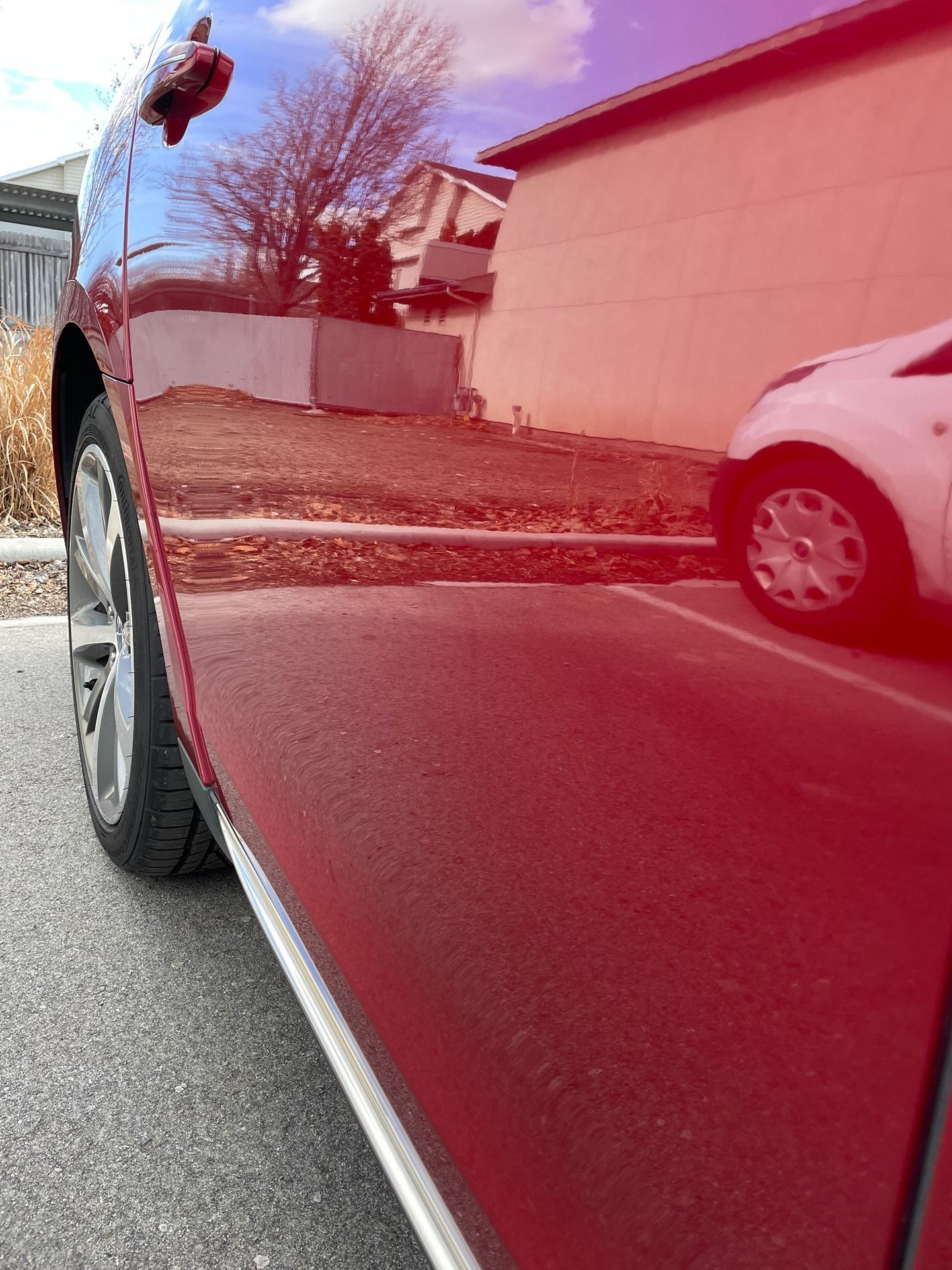 Close-up, low-angle view of a shiny red car door reflecting a building, trees, and another parked car.