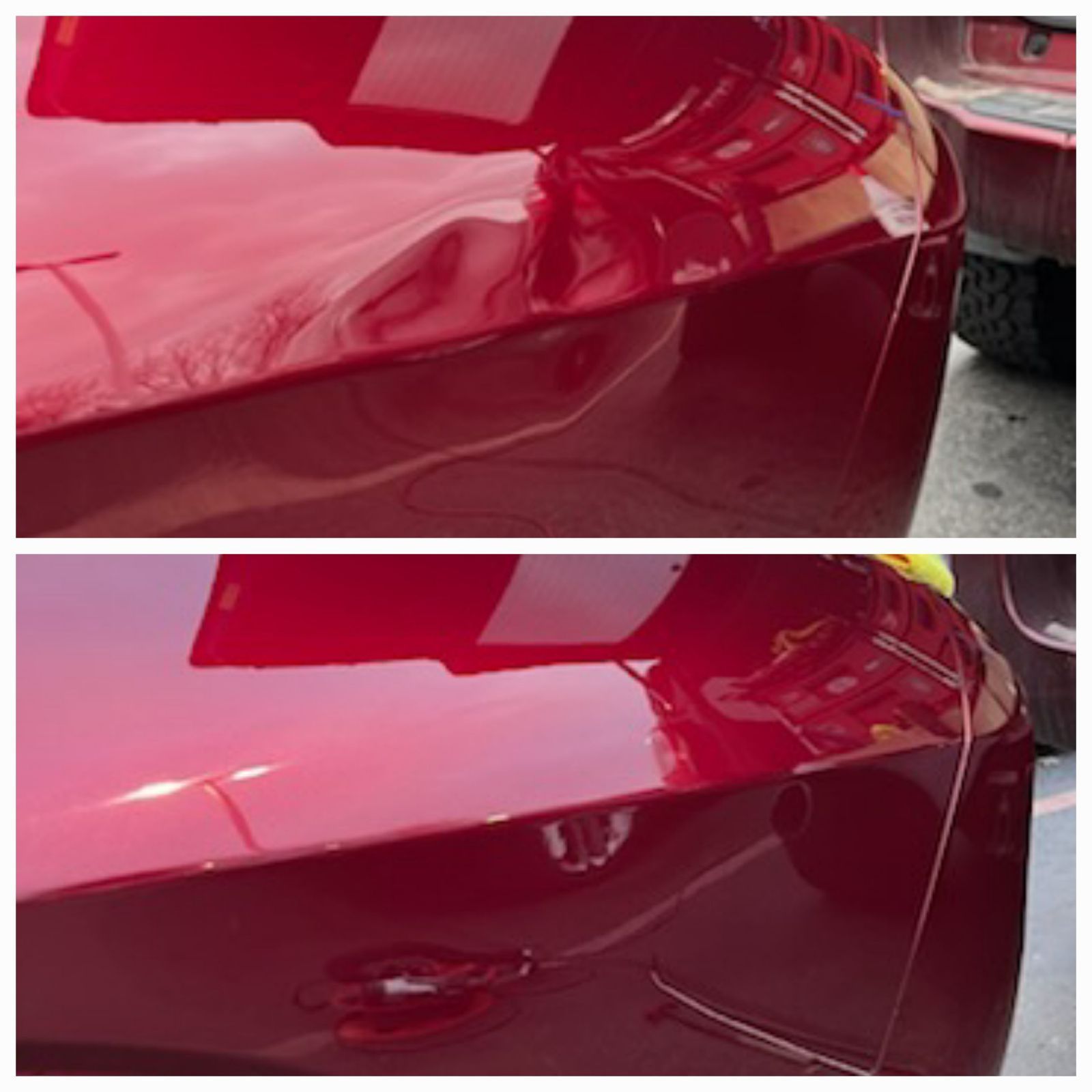 Before and after photos of a red car panel showing a dent successfully repaired via paintless dent removal.