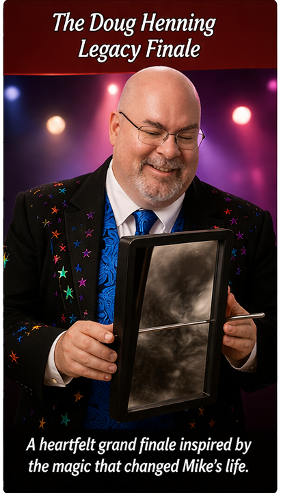 A smiling magician in a star-patterned jacket holds a prop frame on stage, under a banner for The Doug Henning Legacy.