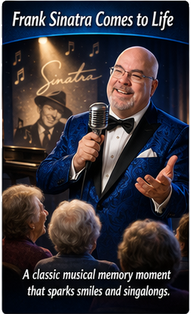 A singer in a blue tuxedo performs with a vintage microphone before an audience, with a backdrop of Frank Sinatra.