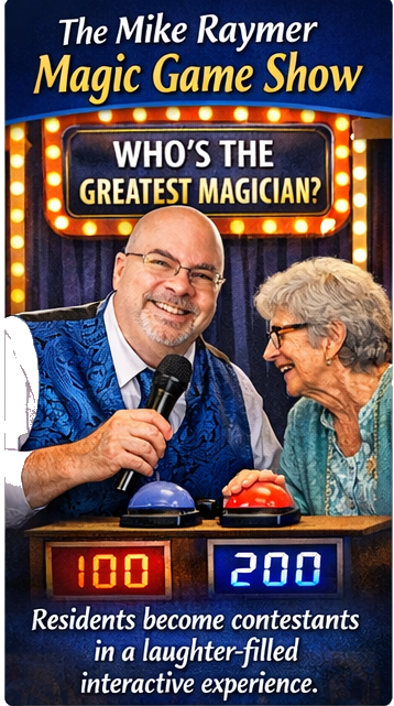 A game show set with a host and contestant interacting at buzzers under a sign reading