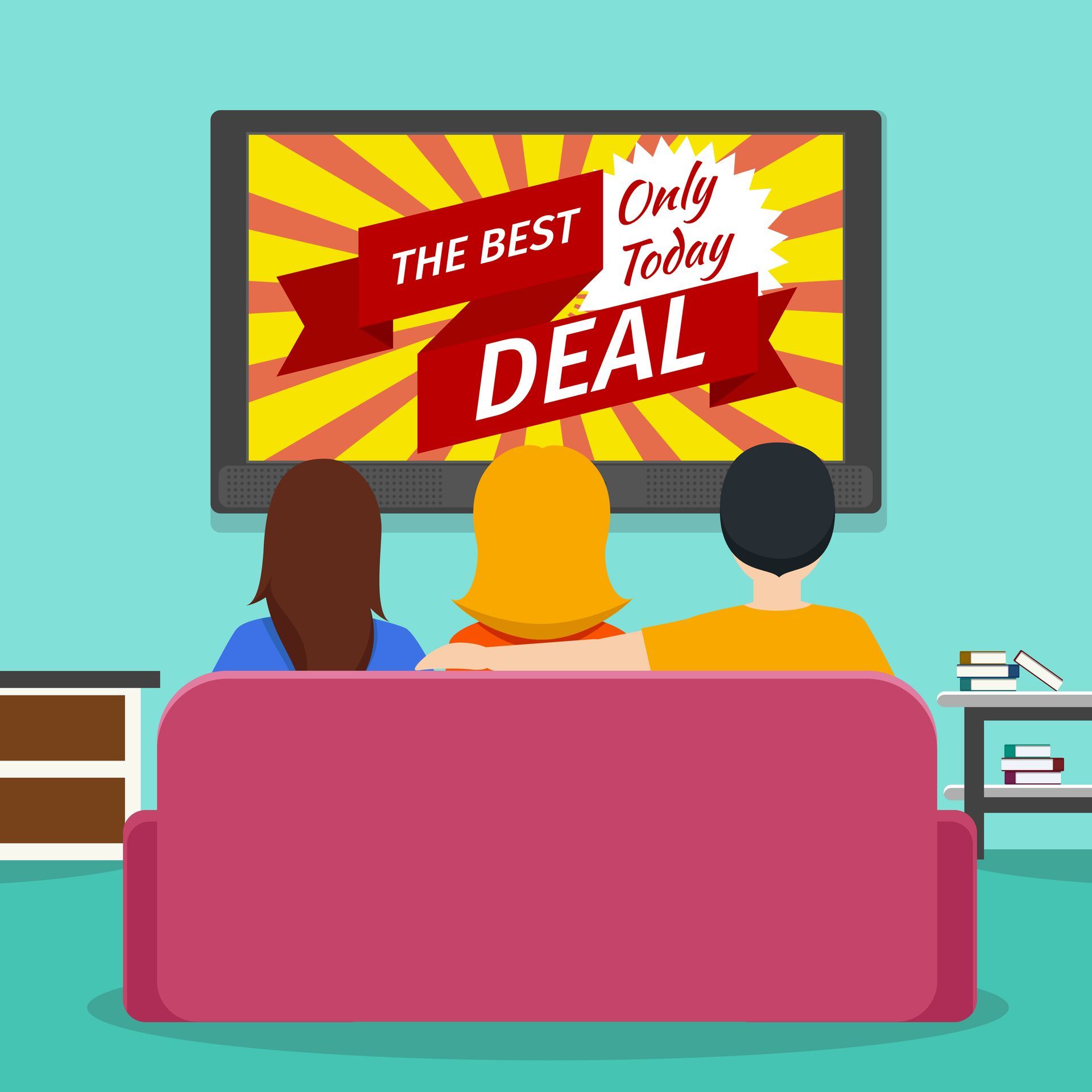 Eine Illustration von drei Personen die auf einem Sofa sitzen und Fernsehen.