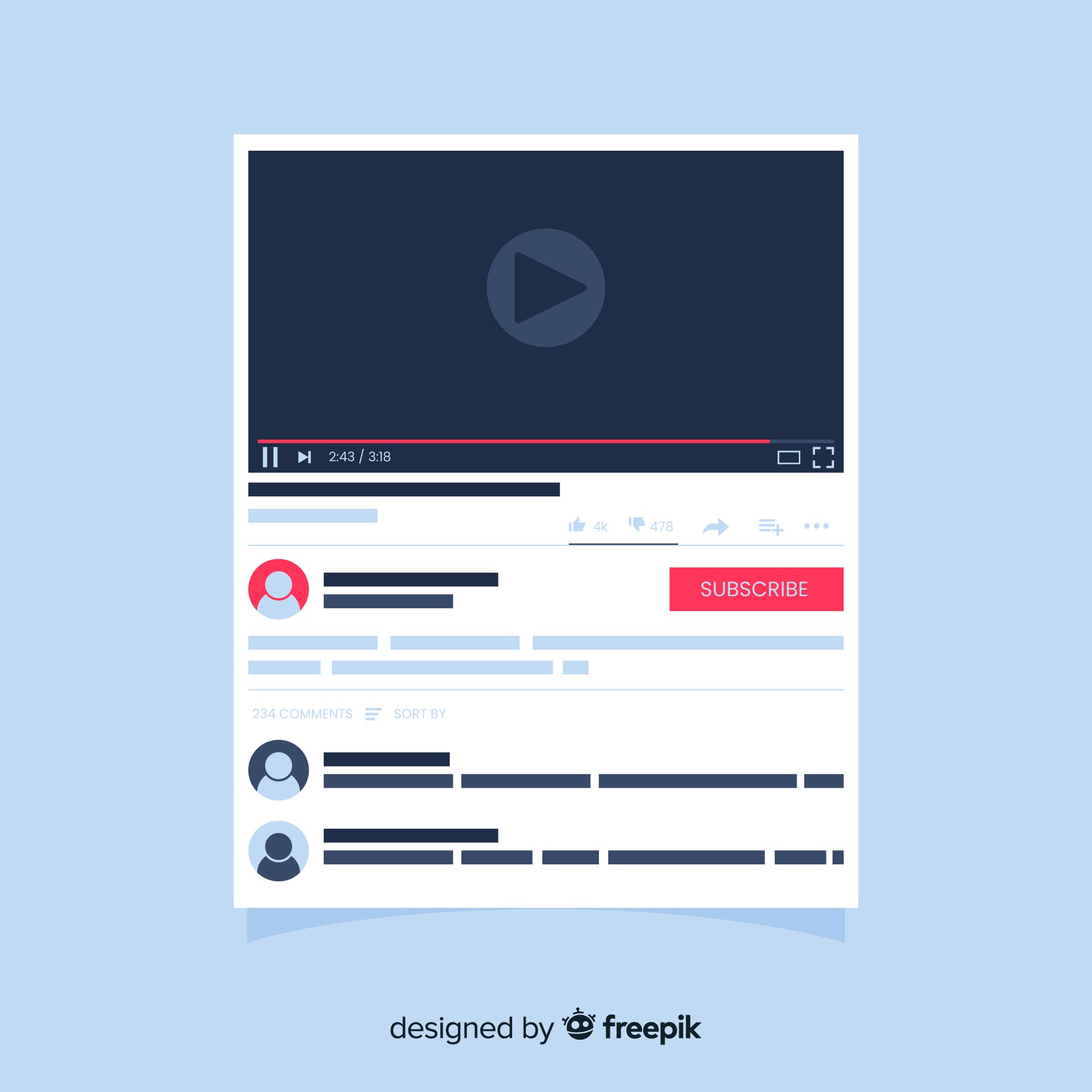 YouTube-Video-Interface-Mockup mit einem dunkelblauen Videoplayer, einem roten „Abonnieren“-Button und Bereichen für Nutzerkommentare.