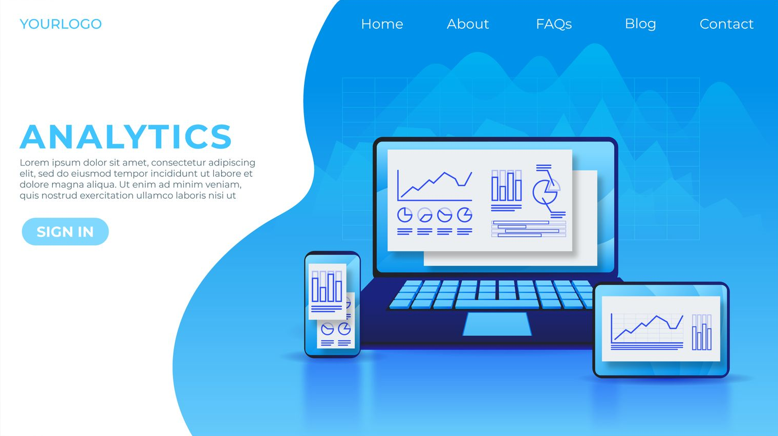 Analytics-Dashboard auf Laptop, Smartphone und Tablet. Blauer Hintergrund, Diagramme, Grafiken und eine Anmeldeschaltfläche.