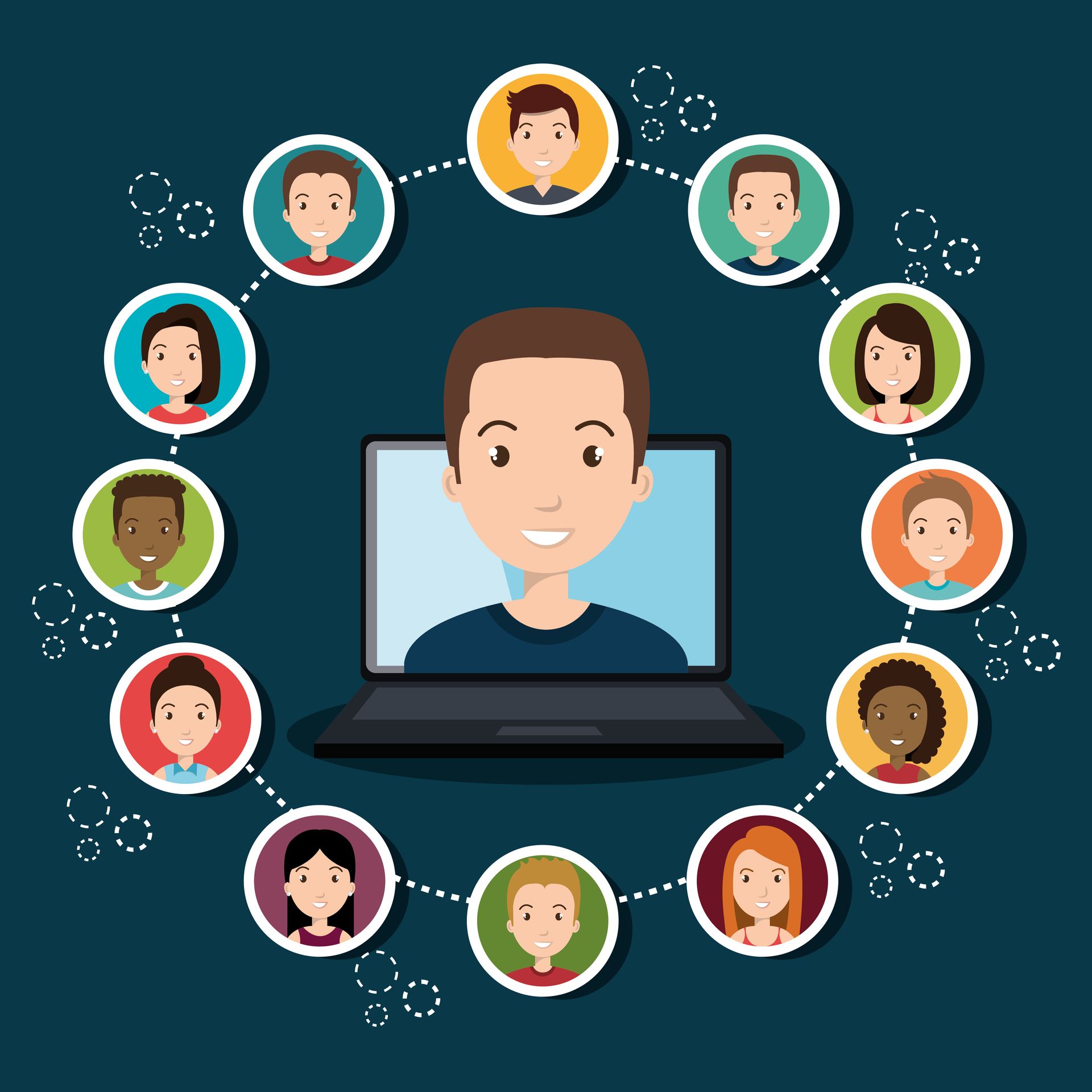 Eine Illustration von einem Mann in der Mitte, welcher vor einem Laptop sitzt und von mehreren Menschen umkreist wird.