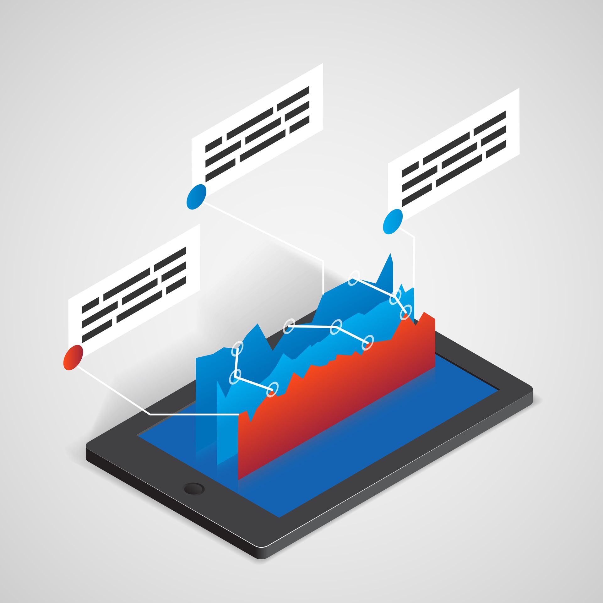 Tablet mit einem 3D-Balkendiagramm in Blau und Rot mit Datenpunkten, verbunden mit drei Textfeldern.