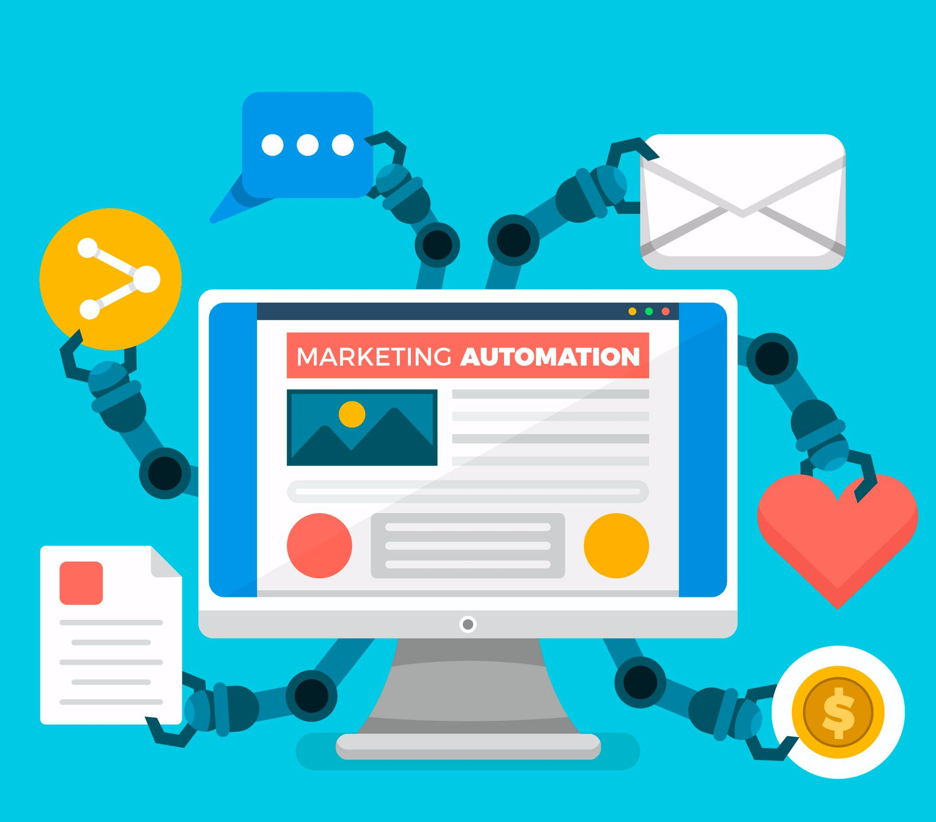 Marketing-Automatisierungskonzept: Computer mit „Marketing Automation” auf dem Bildschirm, Roboterarme halten Symbole, blauer Hintergrund.