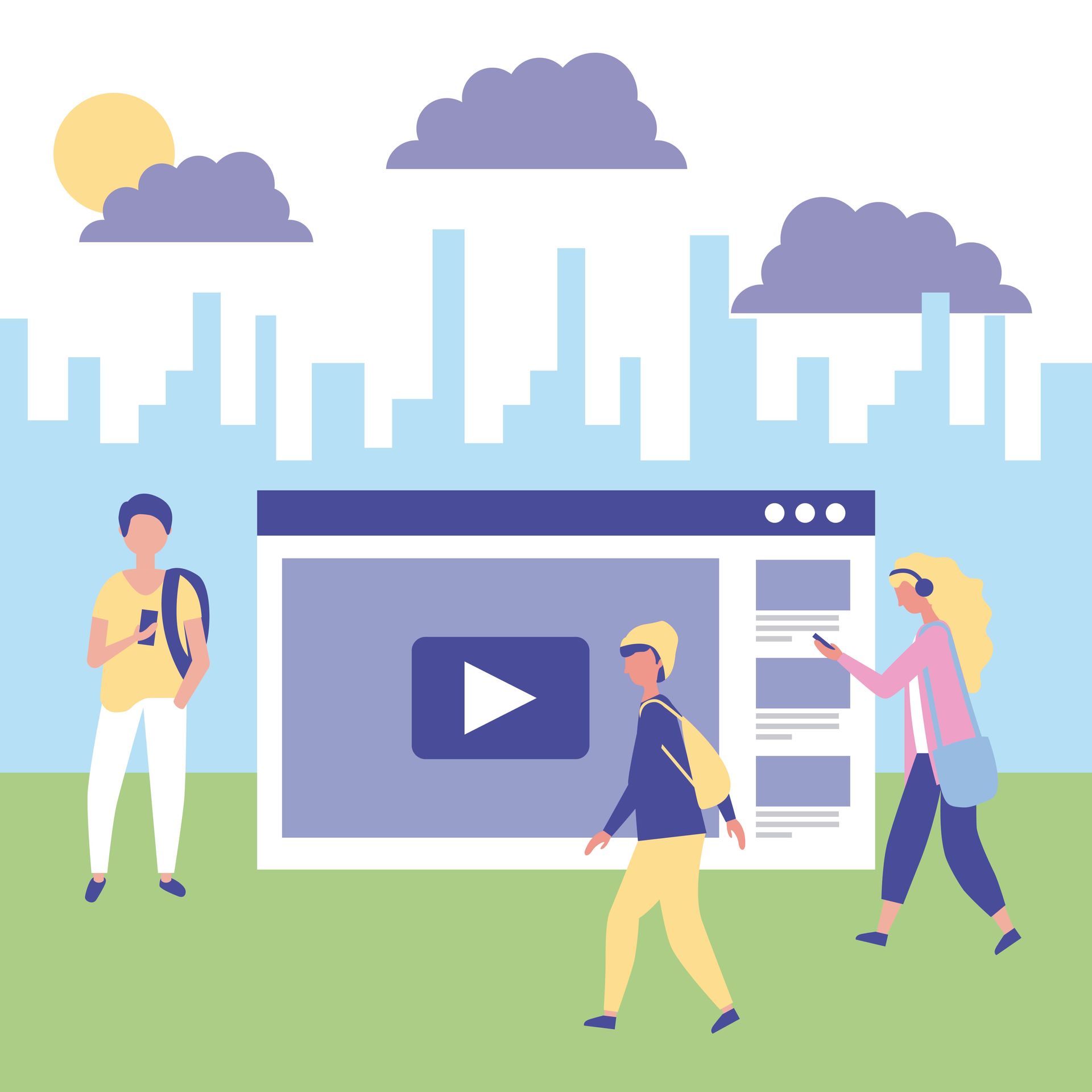 Drei Personen gehen vor dem Hintergrund einer stilisierten Stadt-Skyline mit Sonne und Wolken an einem grossen Videoplayer vorbei.