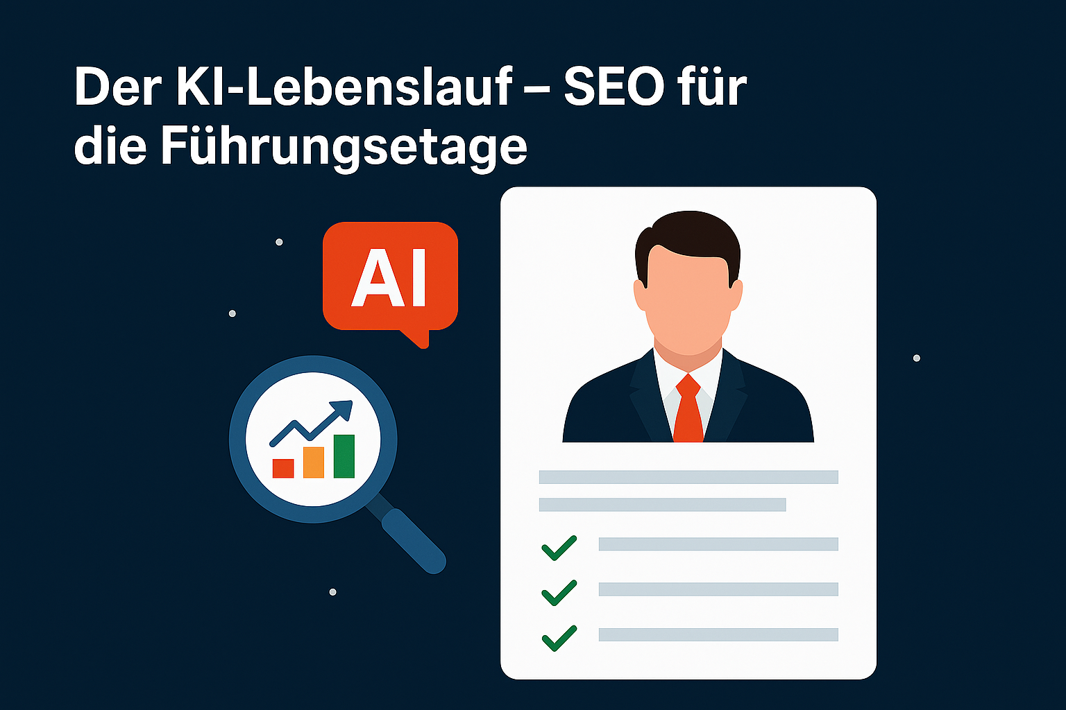 Illustration zu ‘Der KI-Lebenslauf – SEO für die Führungsetage’ mit stilisierter Führungskraft, Dokument, Lupe mit Wachstumsdiagramm und AI-Sprechblase – Symbol für Markenstrategie im KI-Zeitalter.