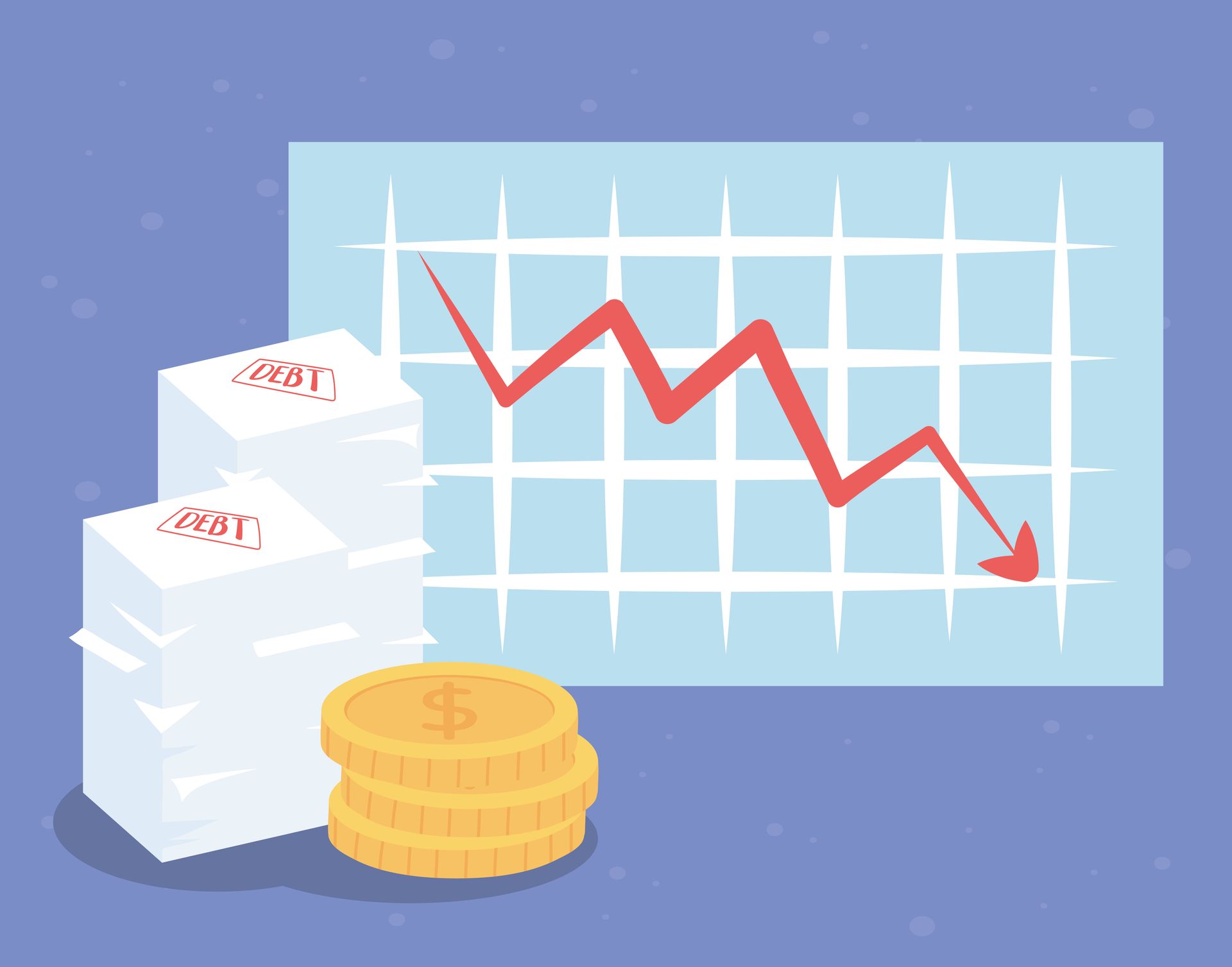 Ein Diagramm mit einer senkender Linie und Münzen und Papier stapel. 