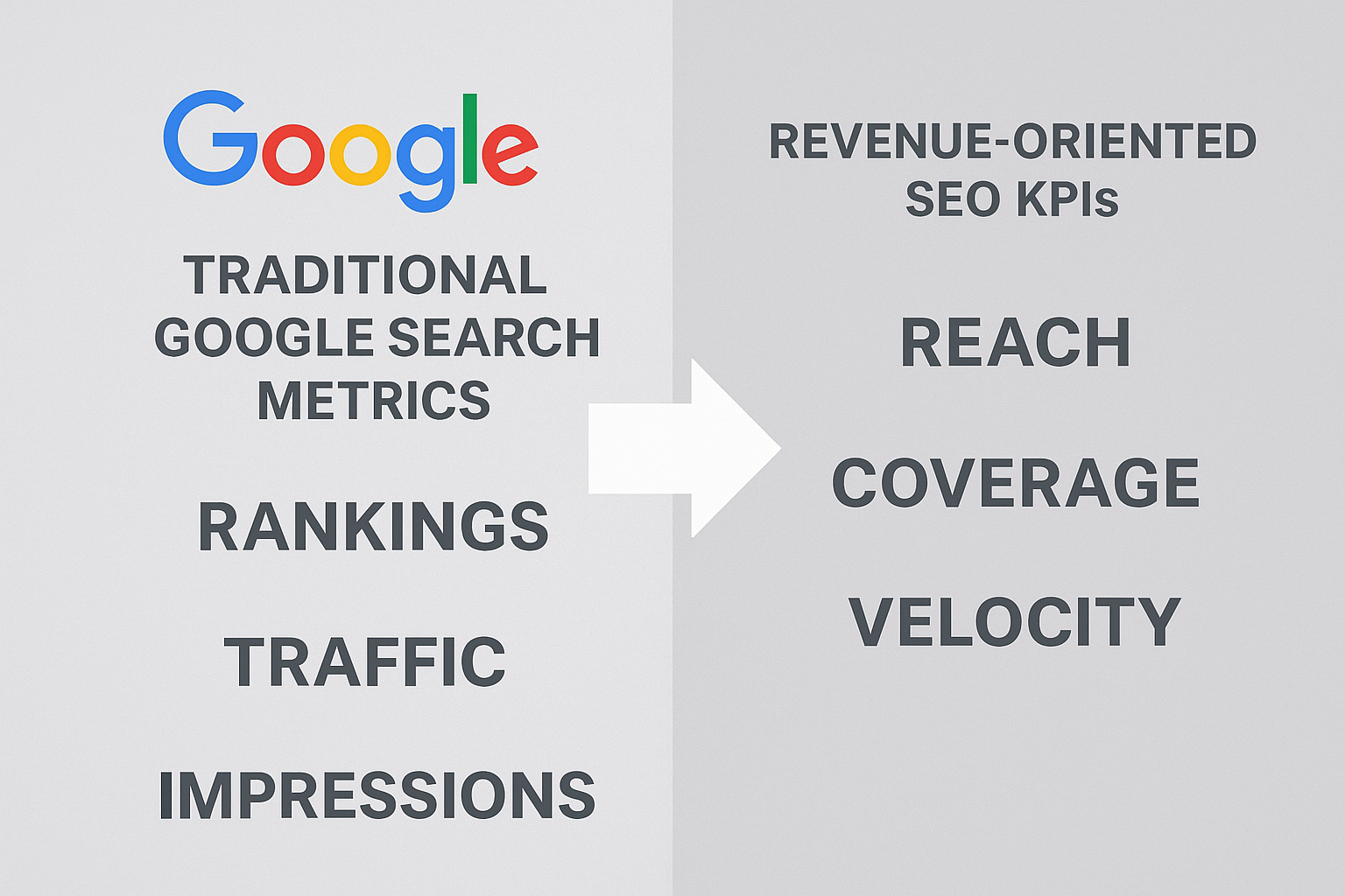 Google Suchanzeigen (rankings, traffic, impressions) to revenue-oriented SEO KPIs (reach, coverage, velocity).