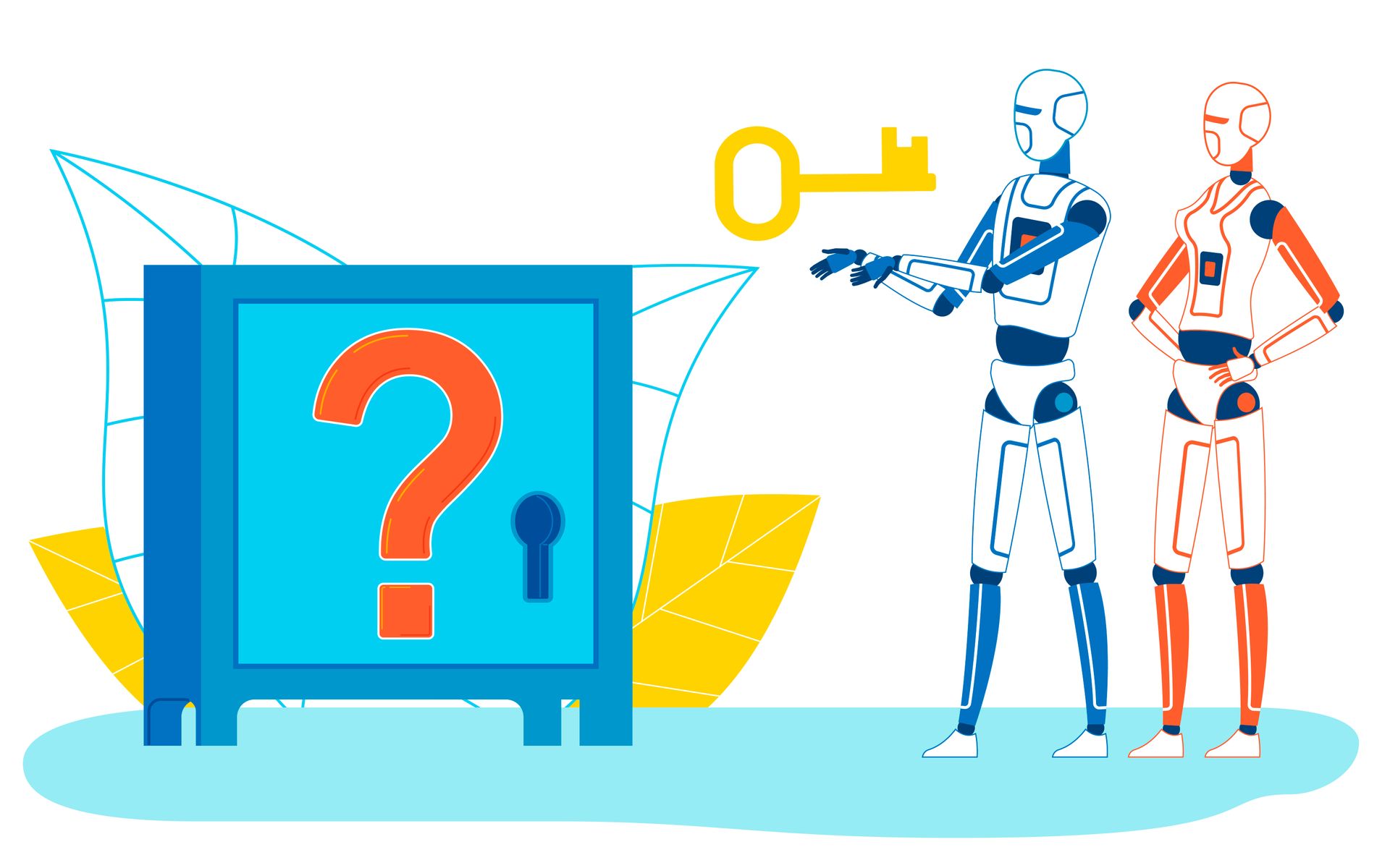 Zwei Roboter stehen neben einem blauen Safe mit einem grossen Fragezeichen; einer der Roboter greift nach einem schwebenden gelben Schlüssel.