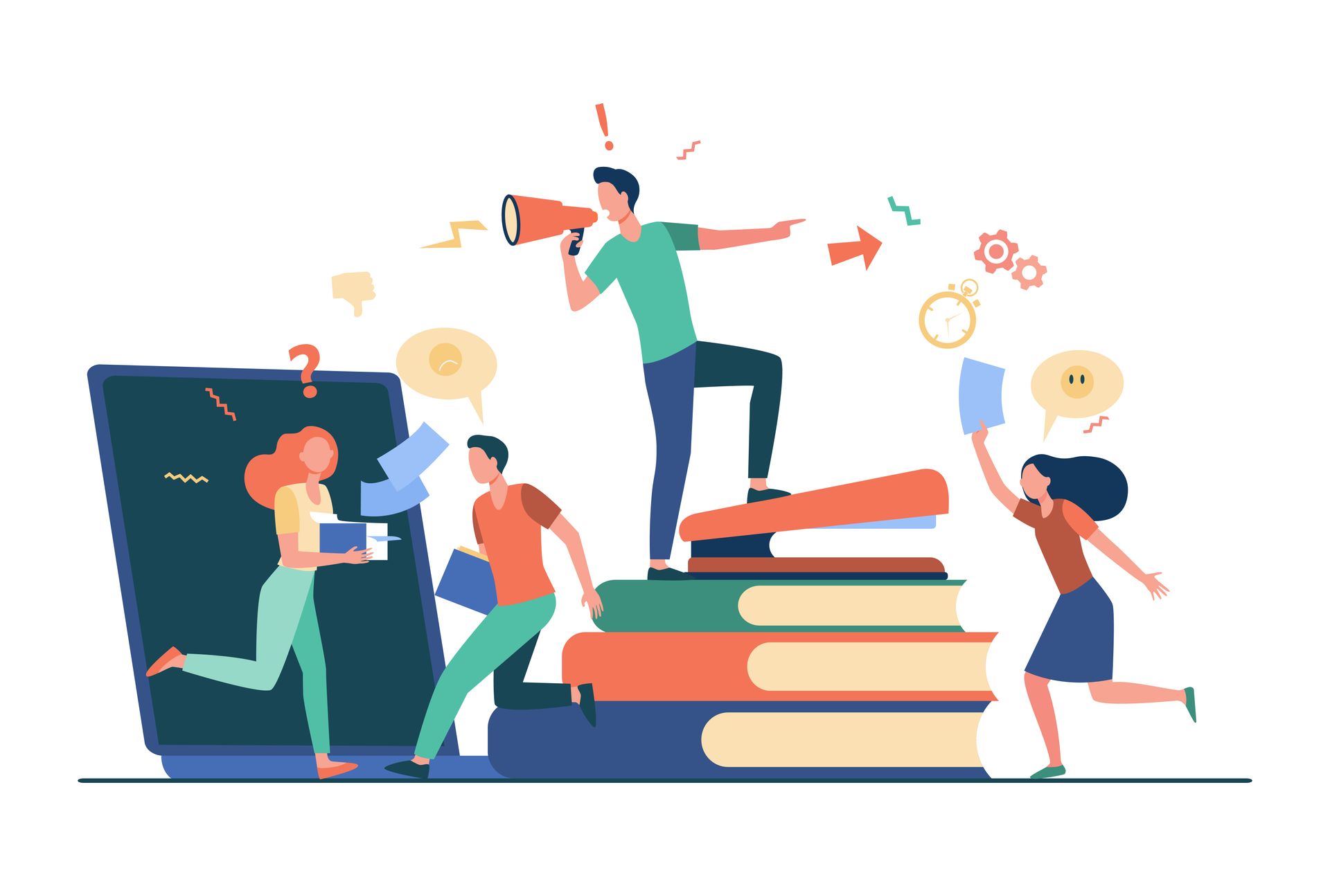 Eine Illustration von Personen die auf Büchern stehen und etwas durch ein Mikrofon sagen.