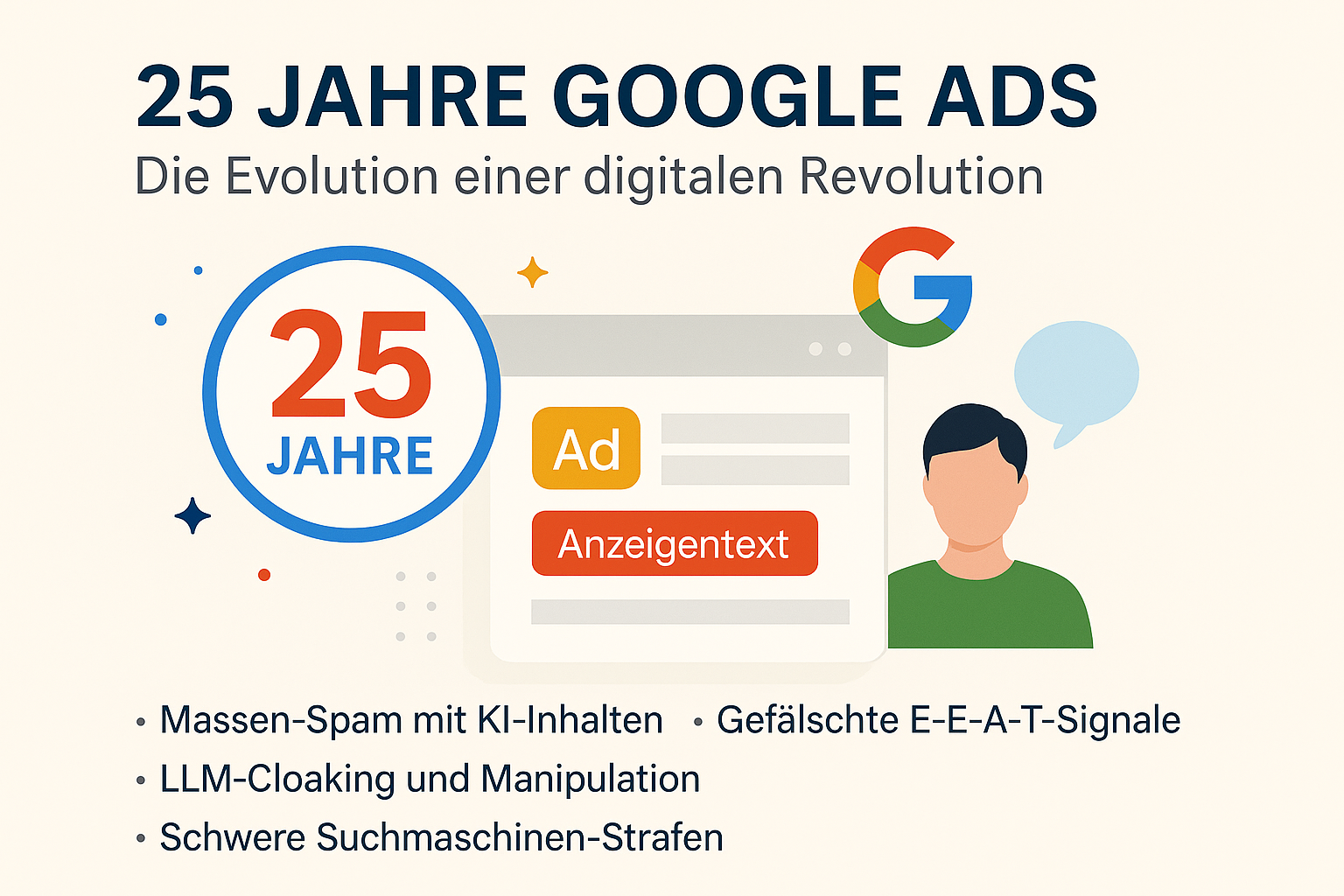 Illustration zu 25 Jahre Google Ads mit Jubiläumszahl, Google-Logo, Anzeigentext und stilisierter Person – Symbol für die Entwicklung digitaler Werbung.