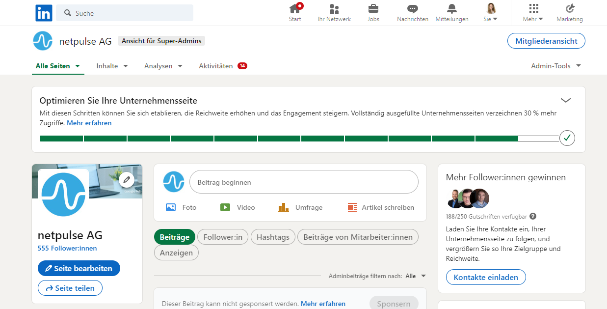 Die Grafik zeigt einen Ausschnitt des netpulse AG LinkedIn Accounts