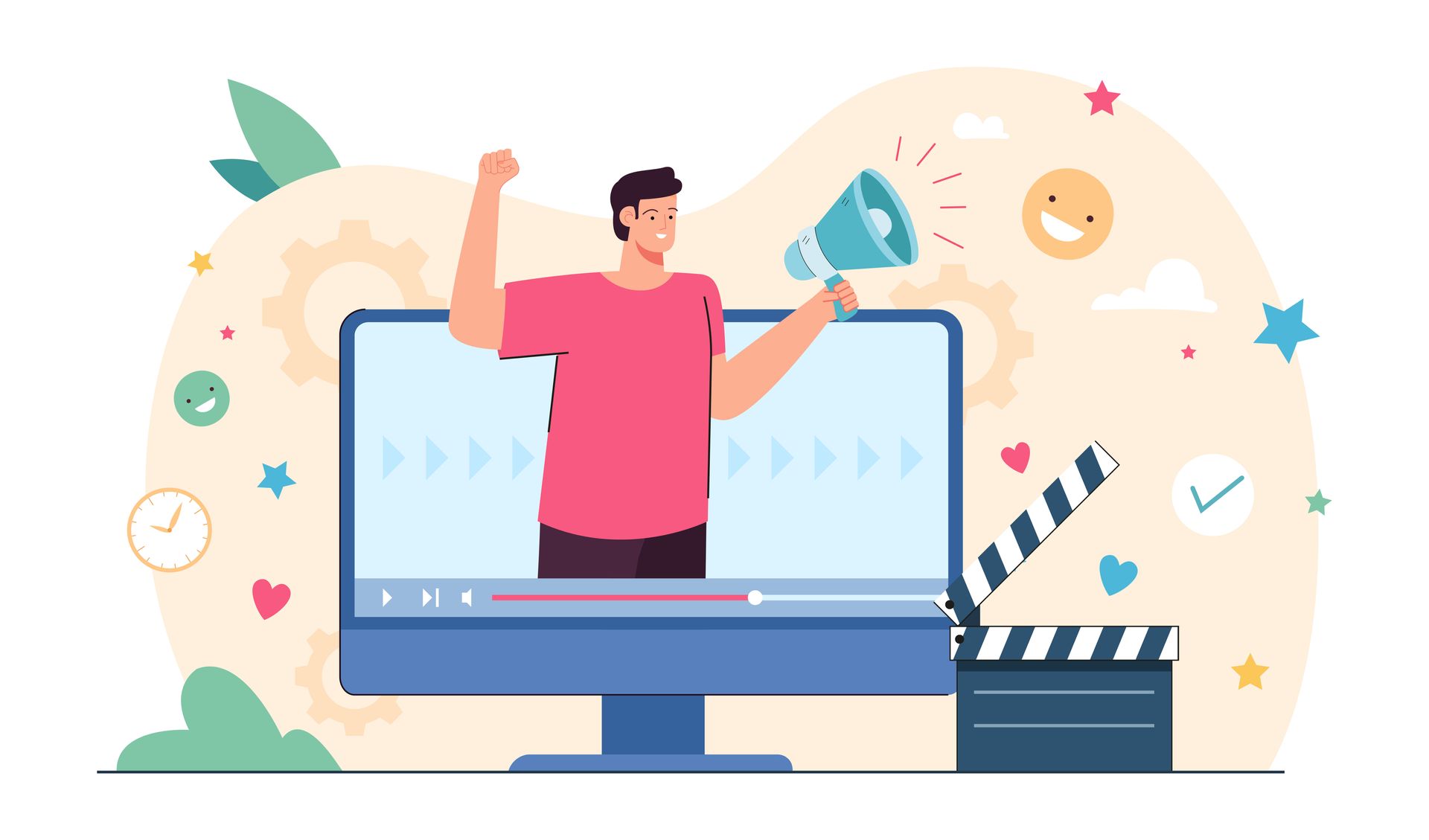 Eine Person in einem rosa Hemd, die ein Megafon in der Hand hält, tritt neben einer Filmklappe und verschiedenen Symbolen aus einem Computerbildschirm hervor.