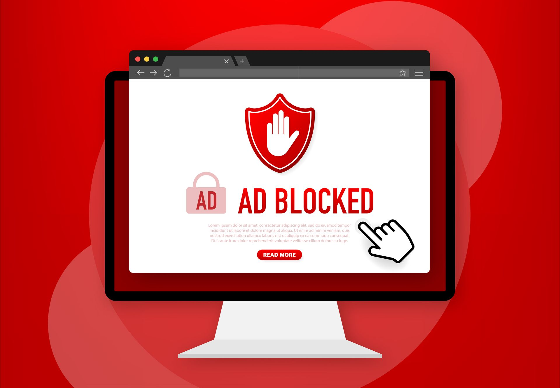 Ein Computerbildschirm, auf dem die Meldung „WERBUNG GESPERRT“ angezeigt wird, zusammen mit einem roten Schildsymbol mit einem Handsymbol.