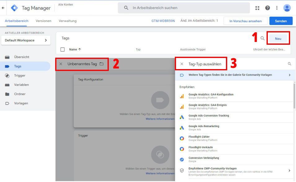 Ein Screenshot einer Google Tag Manager-Seite