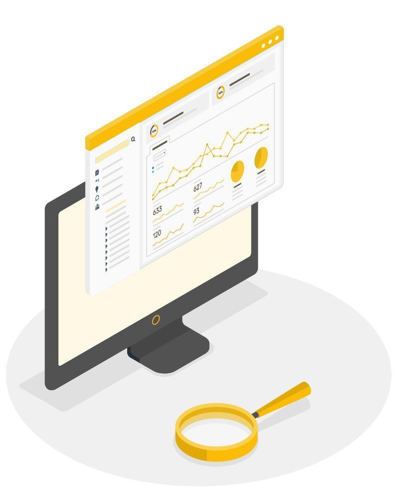 Computer mit Analytic Software und einer Lupe