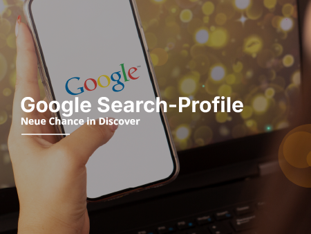 Smartphone mit Google-Logo und Text zu Google Search-Profilen vor goldenem Hintergrund.