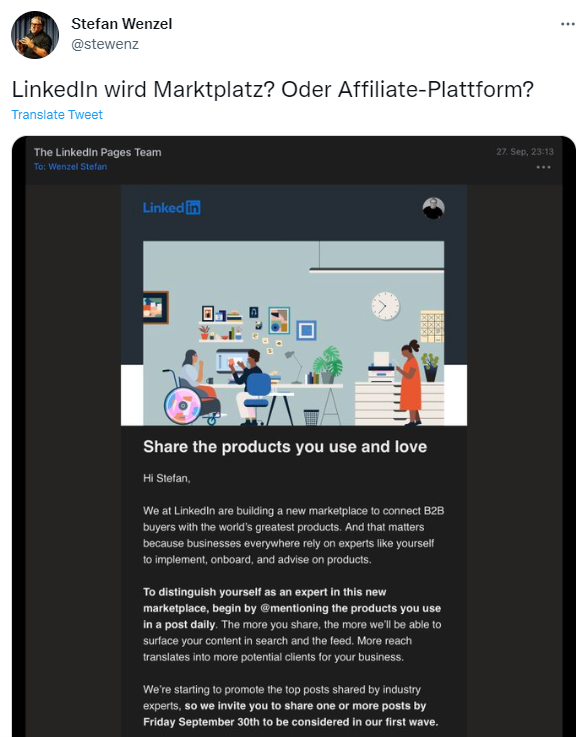 Linkedin wird marktplatz oder affiliate-plattform ? share the products you use and love