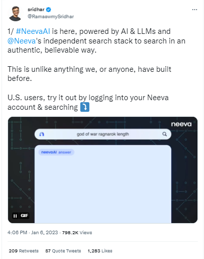 Ein Screenshot eines Tweets über den unabhängigen Such-Stack von Neeva für eine authentische und glaubwürdige Suche.