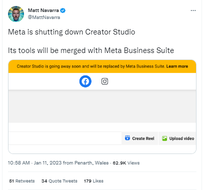 Ein Tweet von Matt Navarra besagt, dass Meta Creator Studio schließt