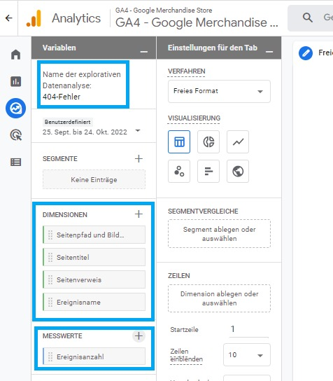 Einrichtung explorative Datenanalyse Google Analytics 4