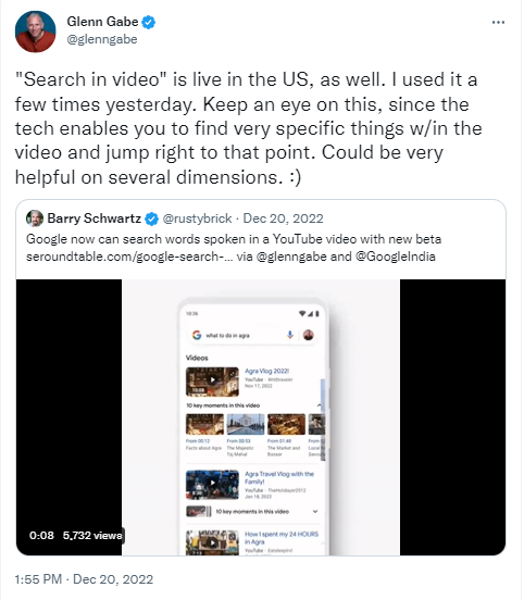 Ein Tweet von Glenn Gabo zur Suche in Videos ist in den USA live.